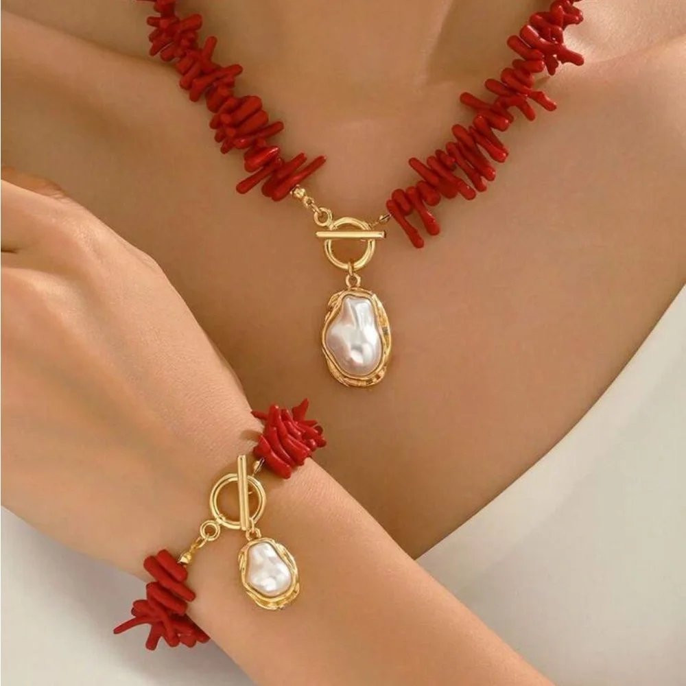 New Red Coral and Gold Faux Pearl Necklace and Bracelet Set - Picture 15 of 15